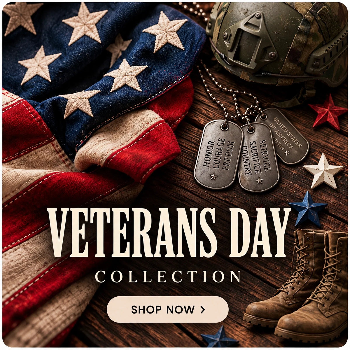 Veterans Day collection with an American flag, military helmet, dog tags, and combat boots.