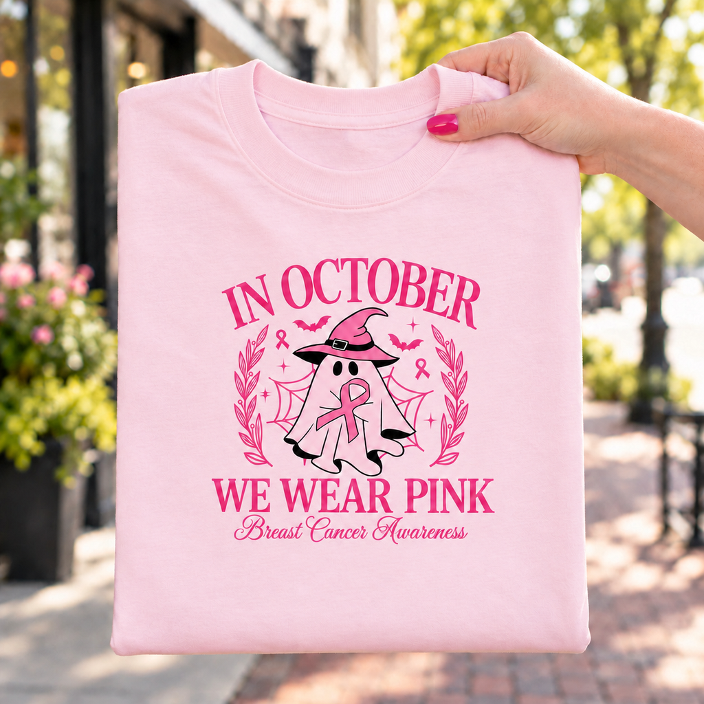 In October We Wear Pink Ghost Breast Cancer Awareness T-Shirt