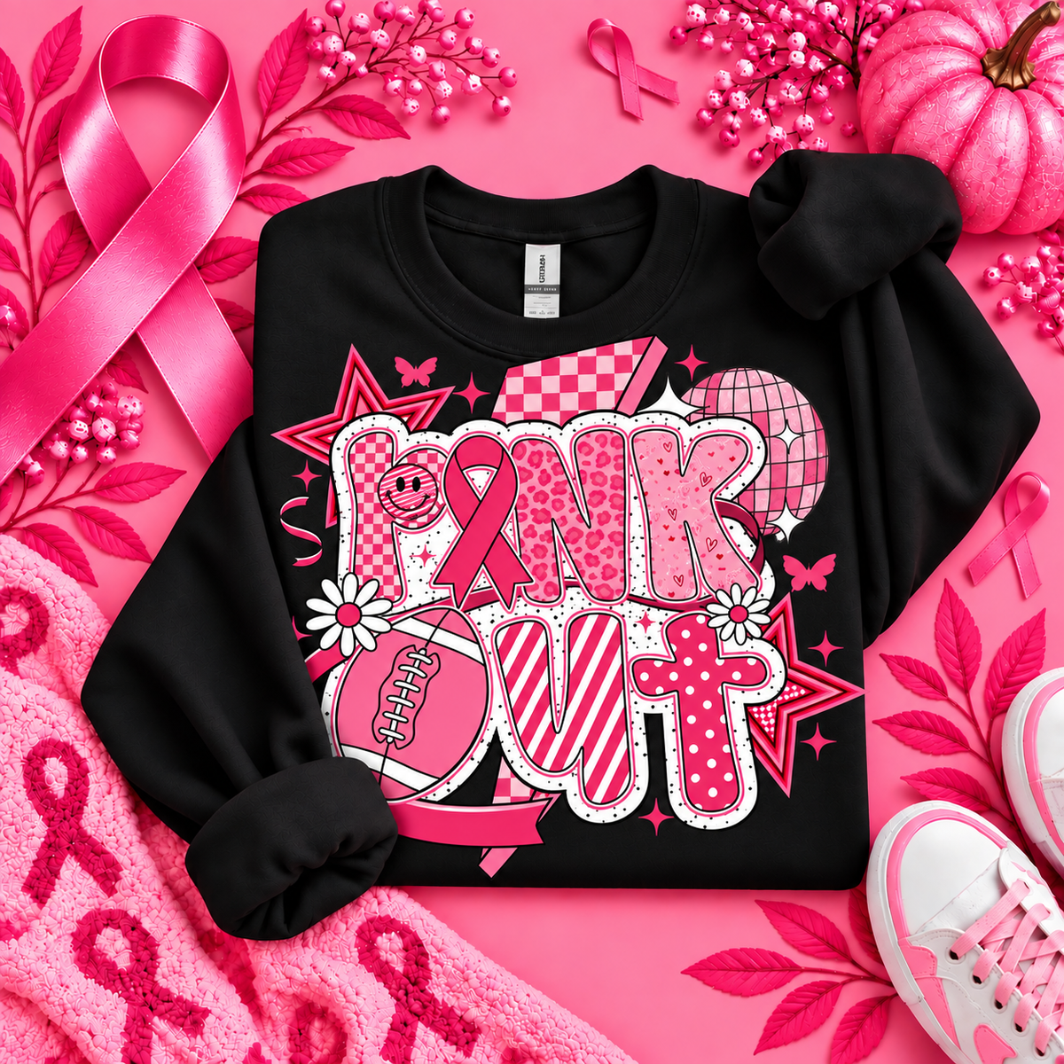 Pink Out Breast Cancer Awareness Crewneck in Black