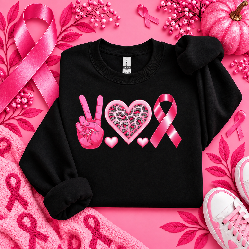 Peace Love Fight Breast Cancer Awareness Crewneck in Black