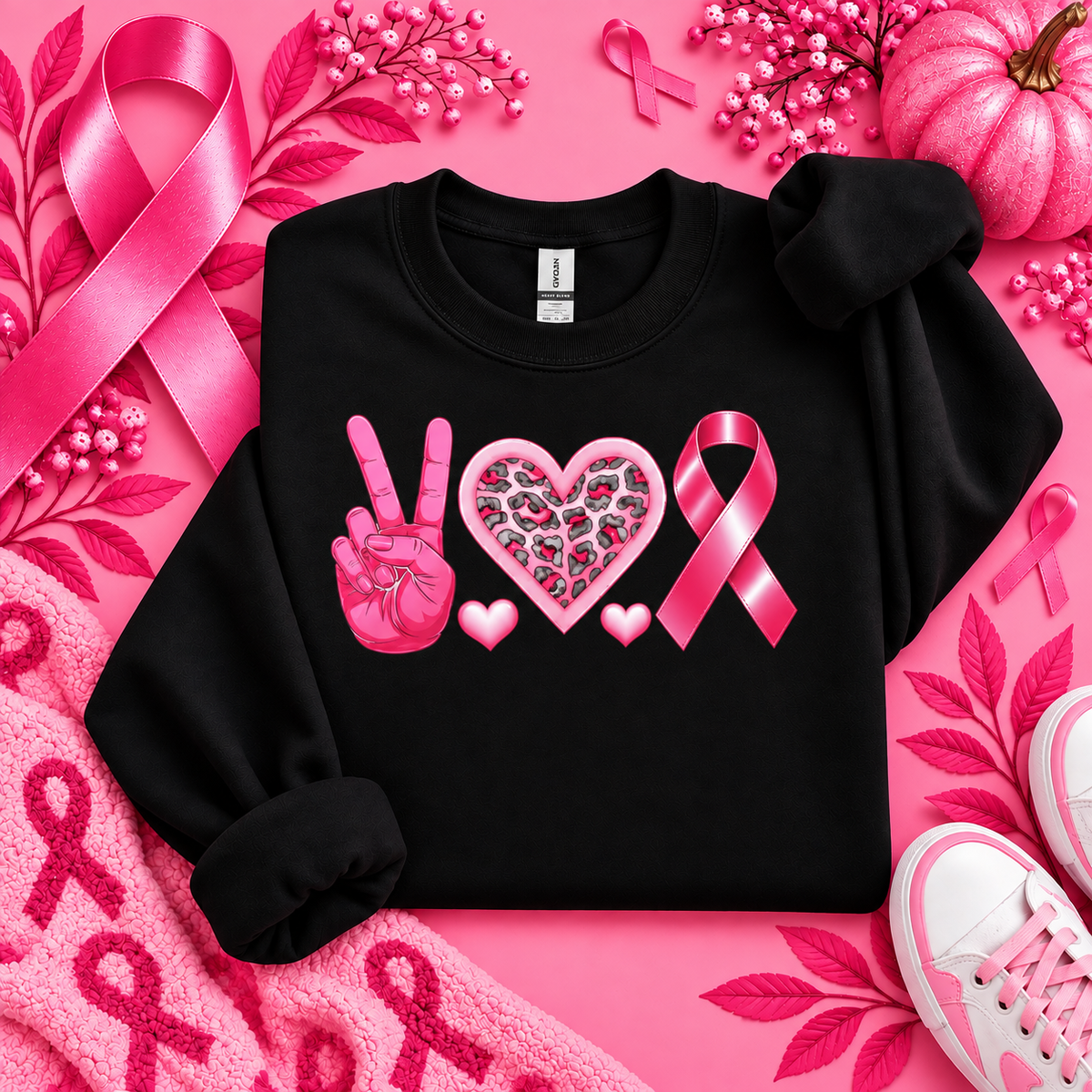 Peace Love Fight Breast Cancer Awareness Crewneck in Black