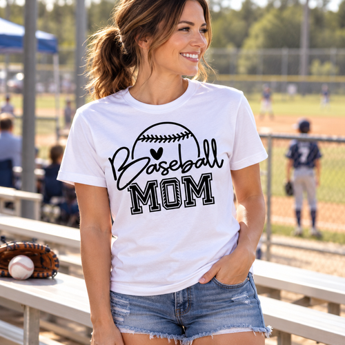 Baseball Mom white T-shirt lifestyle at a baseball field