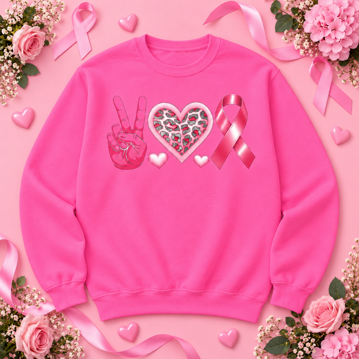 Peace Love Fight graphic on a safety pink Gildan crewneck sweatshirt